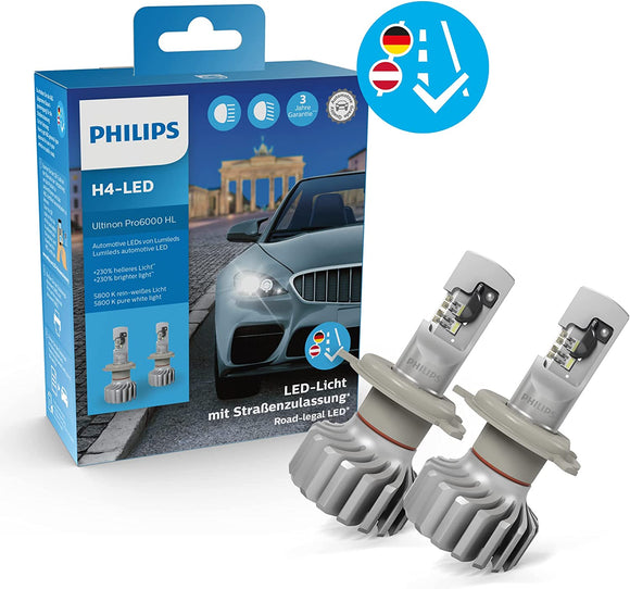 Philips automotive lighting Ultinon Pro6000 H4-LED Scheinwerferlampe mit Straßenzulassung, +230% helleres Licht 5.800K